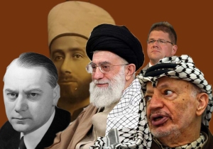 "Friedenskämpfer" v.l.n.r.: A. Rosenberg, der Großmufti v. Jerusalem, Ali Chamenei, Holger Apfel, Yassir Arafat